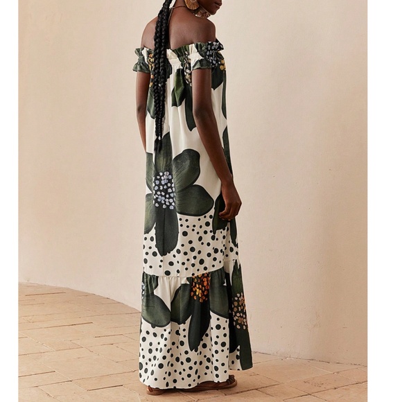 Boho Floral Print Off Shoulder Ruffle Hem Maxi Dress - Picture 2 of 5